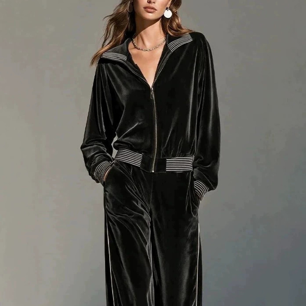ZARA Black Velvet Stripe Zip Jacket & Wide Leg Pants Set